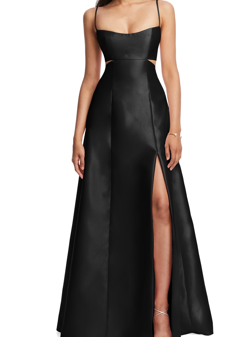 ALFRED SUNG Black Strapless Satin Gown with High Slit